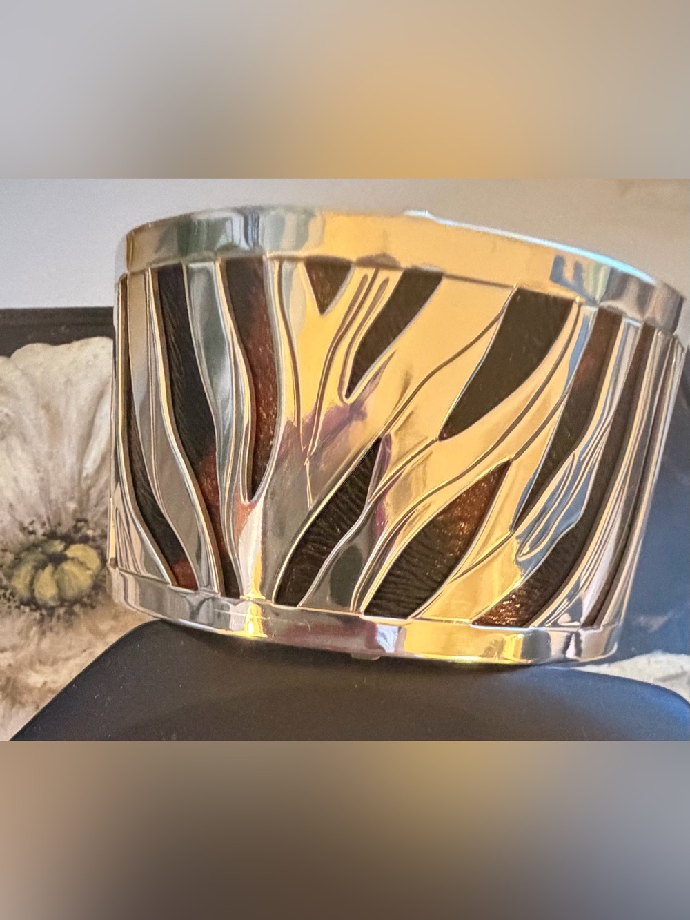 Brighton Silver Zebra Stripe Wave Cutout Metal Cuff With Leather Backing